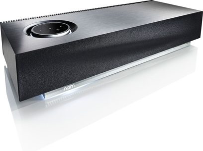 Barre de son noire avec grille frontale en tissu, boutons tactiles sur le dessus et connectique à l'arrière