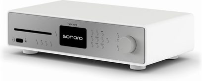 Sistema de audio compacto Sonoro Maestro Quantum en blanco mate y plata, vista frontal, con reproductor de CD, pantalla y botones de control