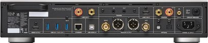 Nätverksläsare i silverfärgad aluminium Rose RS451, bakvy, med anslutningar för HDMI, USB, Ethernet, XLR, RCA, optisk och IEC