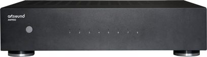 Amplificator multiroom sau multi-zonă ArtSound AMP-850, vedere din față, carcasă neagră, 2 picioare circulare argintii, 1 buton rotund în stânga, 8 indicatori numerotați de la 1 la 8