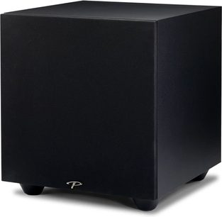 Paradigm Defiance V10 sort satineret subwoofer, kubisk form, mat sort materiale, sølvfarvet logo nederst til højre