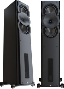 Two Perlisten A3t matte black floorstanding speakers, 2 woofers, waveguide tweeter, front port, metal base, front and 3/4 view