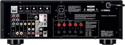 Yamaha RX-V475 sort hjemmebiografsforstærker, bagside, audio/video-tilslutninger, RCA-stik, HDMI, optisk, koaksial, FM-antenne