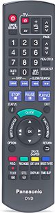 Sort Panasonic DVD-fjernbetjening med flerfarvet knapper og blå LCD-skærm, set forfra