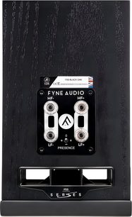 Fyne Audio F5S sort åretegnet træ-reolhøjttaler, bagsidevisning, fire terminaler og tilstedeværelsesvælger, basrefleksport