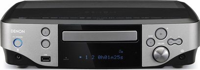 Denon S-302 metalgrå hjemmebiografsystem, set forfra, med cd-afspiller, USB- og HDMI-porte, knapper og kontrolhjul