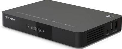Zidoo Z9X 8K, sort rektangulær boks, perspektivvisning, frontalt digitalt display, 2 USB-porte og sidegitre