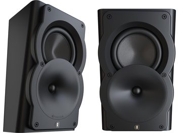 Pair of Perlisten A2s speakers with matte black plastic front, woven cone, and wide waveguide, front and three-quarter view