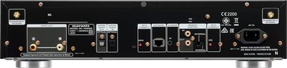Marantz NA6005 sort netværksaudioafspiller, set forfra, tilslutninger på bagsiden, knapper og skærm på forsiden