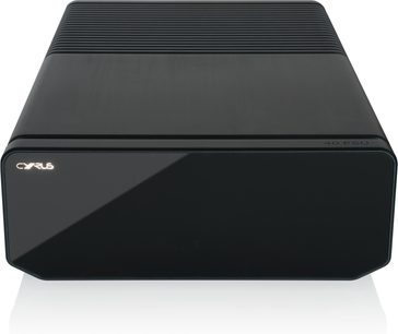 Atsevišķs hi-fi barošanas bloks Cyrus 40 PSU, melns, ar matēti pulētu alumīnija korpusu, spīdīgu priekšpusi un rievotu virspusi, priekšskats