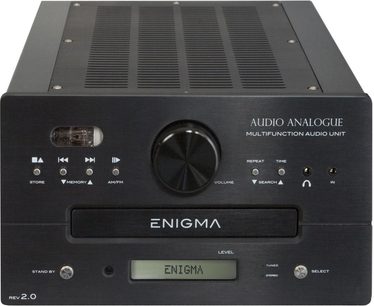 Integreret audiosystem Audio Analogue Enigma Rev 2.0 i sort, frontpanel med knapper, volumenkontrol, display og højttalergitter