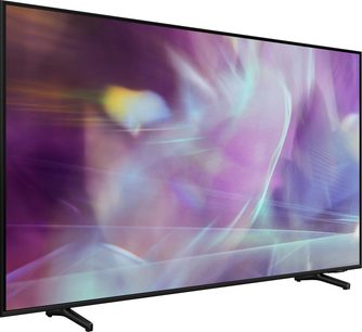 Samsung QE43Q65A 2021 43 tommer fladskærms-LED-TV, frontvisning, der viser farverige abstrakte former