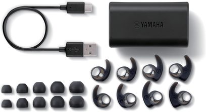 Åbne hi-fi hovedtelefoner Yamaha TW-ES5A i sort med USB-C-kabel, 10 silikoneørepropper i forskellige størrelser og sort transportetui