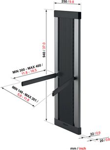 Sort lodret kabelbakke Vogel's EFA 8840, set forfra med mål i mm og tommer, 940 mm høj på 250 mm bred