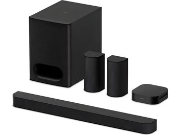 Barra sonora Sony Bravia Theatre System 6 con subwoofer, 2 altoparlanti satellitari, unità centrale e barra in vista frontale