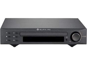 Nuprime CDP-9 fekete CD-lejátszó, elölnézet, fekete előlap kijelzővel, gombokkal és hangerőszabályzó tárcsával, USB porttal