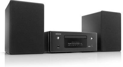 Denon CEOL RCD-N12DAB + SC-N10 sort hi-fi-minianlæg bestående af en cd-afspiller med skærm og to højttalere, alt sammen i sort finish