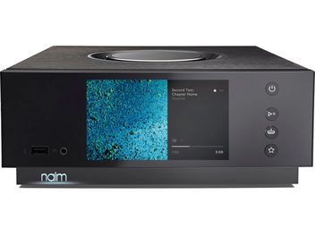 Naim Uniti Atom HDMI must hi-fi stereovõimendi, esivaatest, sinine pilt ekraanil, nupud ja ratas peal