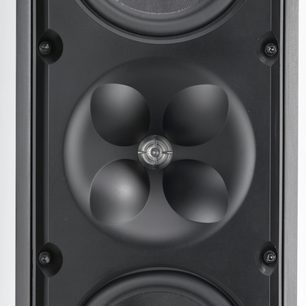 Klipsch Icon XF-48 gulvhøjttaler, tæt forfra, koncentriske runde højttalere i mat sort kabinet