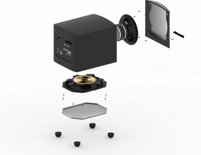 Subwoofer GoldenEar Forcefield 40 nero satinato, vista esplosa, altoparlante, amplificatore, cabinet cubico, 4 piedini