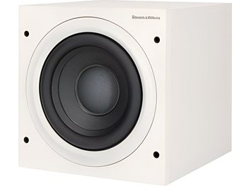 Bowers & Wilkins ASW610 subwoofer i hvitt, kubisk, svart sirkulær front, sentralhøyttaler
