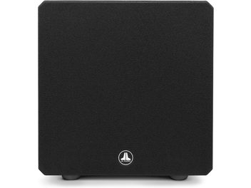 JL Audio E-Sub e110 subwoofer kabinet i sort højglans, kubisk, hvidt logo, sort grill, plastikfødder