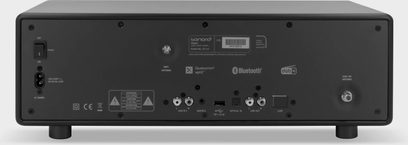 Radio Sonoro Primus nera opaca, vista posteriore. Connettività: WiFi, Ethernet, USB, ausiliaria, cuffie, antenna FM, alimentazione