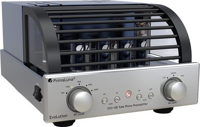 PrimaLuna Evo 100 sølvfarvet phono-forforstærker, set forfra, metalchassis, vakuumrør, knapper og stik på forsiden