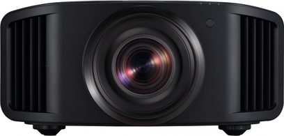 JVC DLA-NX9 sort videoprojektor, frontvisning, centralt placeret objektiv omgivet af ventilationsriste, knapper på toppen