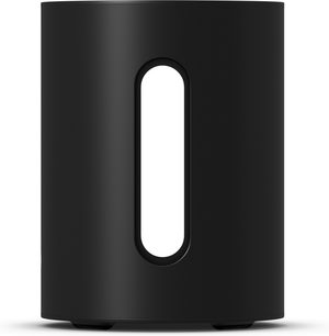 Sonos Sub Mini fekete hangszóros, előlről látható, függőleges téglalap alakú, középen ovális nyílással