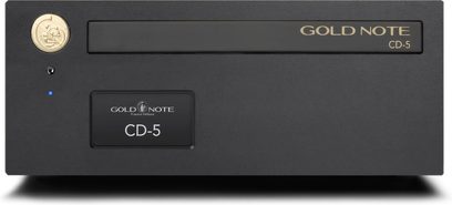 CD-5 afspiller fra Gold Note, sort front, gyldent logo øverst til højre, gylden cirkulær knap til venstre, centralt display