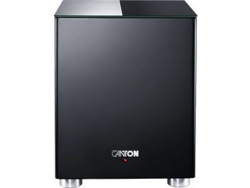 Canton Smart Sub 12 svart subwoofer, avskalad front med glasskiva ovanpå och cylindriska metallfötter