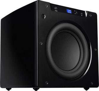 Velodyne SPL-800U sort baskabin, frontvisning, sort front med central rund højttaler og blåt logo