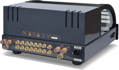 Amplificatore hi-fi a valvole PrimaLuna Evo 300 integrato nero, vista frontale, connettori dorati, manopole e interruttori argentati