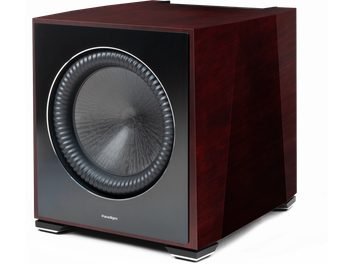 Koyu kiraz renkli Paradigm XR 11 subwoofer, ön görünüm, siyah dairesel hoparlör, koyu renk ahşap dikdörtgen kasası