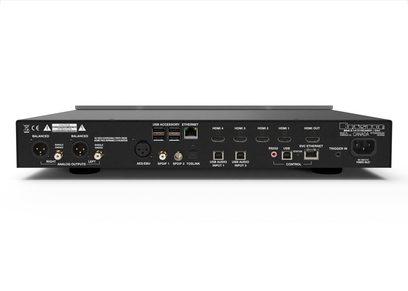 Rückansicht eines Netzwerk-Audio-Players BDA-3.14 mit HDMI-, USB-, Ethernet-Anschlüssen, analogen Ausgängen und Stromversorgung
