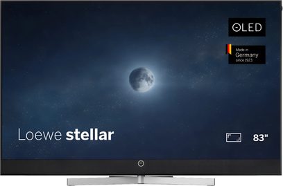 Loewe Stellar 83 DR+ televisie zwart, vooraanzicht, OLED-scherm met dunne rand, geïntegreerde soundbar en zilverkleurige voet