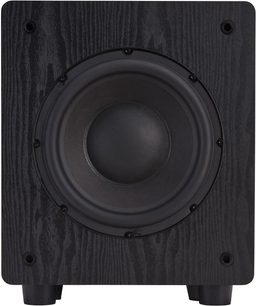 Subwoofer F3-10 sort træ, set forfra, cirkulær centerhøjttaler, 4 synlige skruer, 2 fødder nederst