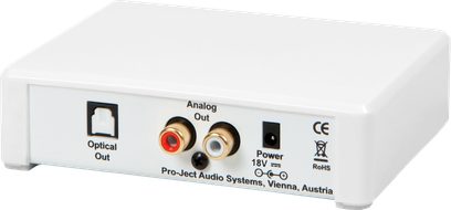 Pro-Ject BT Box E HD Wireless-Transmitter, Rückansicht, analoge Anschlüsse in Rot und Weiß, optischer Ausgang, Stromanschluss