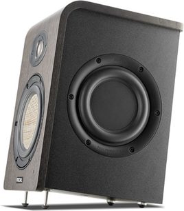 Reproduktor Focal Shape 50 v tmavém ořechu, pohled zepředu, tmavá dřevěná skříň, černý výškový reproduktor, stříbrný výškový reproduktor