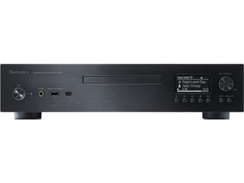 Predvajalnik CD-jev Technics SL-G700M2 v črni barvi, pogled od spredaj, LCD-zaslon, gumbi in vrtljivi gumbi za upravljanje, USB-vhod na sprednji strani