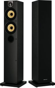 Bowers & Wilkins 684 S2 gulvhøjttaler i sort ask, frontvisning, to gyldne diskanthøjttaler, sort diskant, sort kabinet
