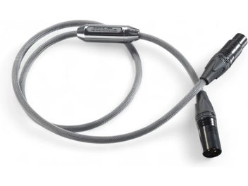 Siltech Explorer 180ix XLR cable, gray braided sleeve, black metal connectors and cylindrical module, top view