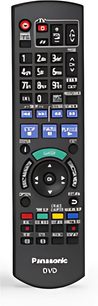 Černý dálkový ovladač Panasonic DVD s vícebarevnými tlačítky v červené, modré, zelené a žluté barvě, pohled zepředu