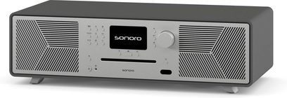 Sonoro Meisterstück alt-i-ét hi-fi-system i mat grafit og sølv set forfra, med integreret CD-afspiller