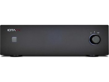 IOTAVX PA40 black metal power amplifier with a matte front panel, front view, logo at the top left, square power button on the left, and large round A/B selection knob on the right