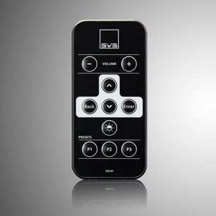 SVS PB-4000 subwoofer i sort lak, set forfra med volumenkontrol, forudindstillinger og LED-skærm