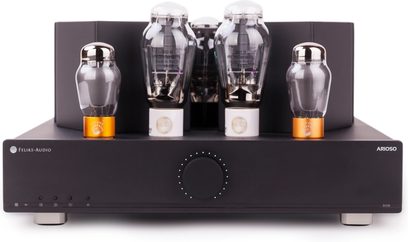 Amplificatore a valvole Feliks Audio Arioso 300B nero, vista frontale con quattro valvole visibili e ampia manopola centrale