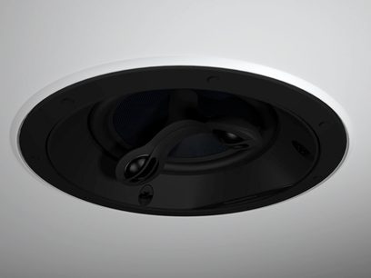 Zapuštěný stropní reproduktor Bowers & Wilkins CCM663SR černý, detailní pohled zepředu, černá kruhová mřížka