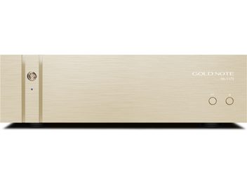 Gold Note PA-1175 hifi-tehovahvistin, kultaviimeistely, harjattu etupaneeli logolla, sininen LED ja kaksi painiketta